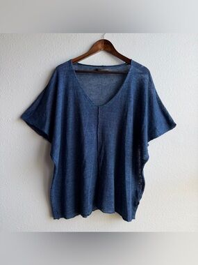 Made In Italy Flax Linen Blue Medium XL Oversized Boxy Knit Top Lagenlook G